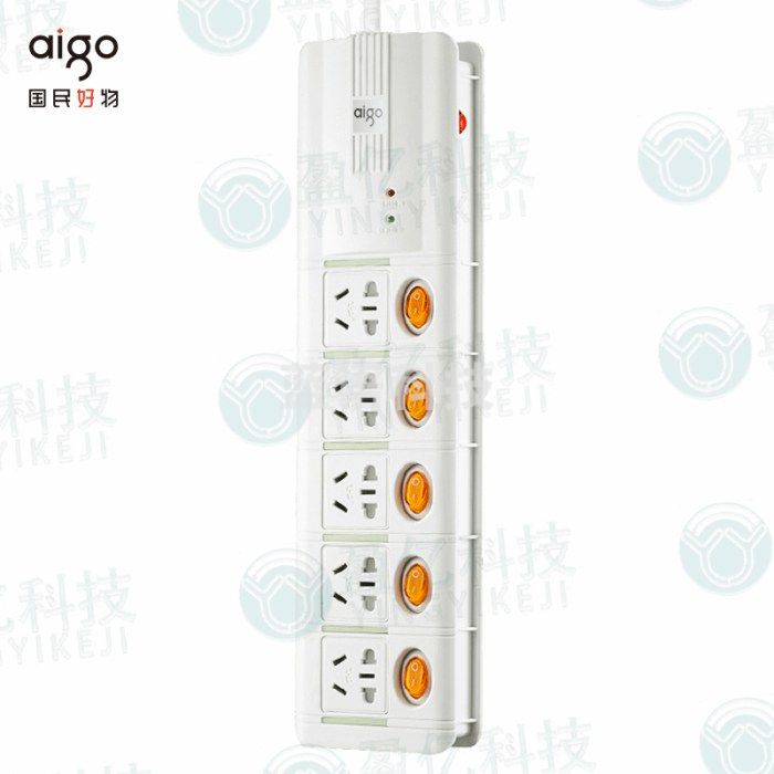 爱国者(aigo)防雷插座/插线板/插排/排插/接线板/拖线板 抗电涌防过载防雷模块极性检测 5位独立分控全长3米