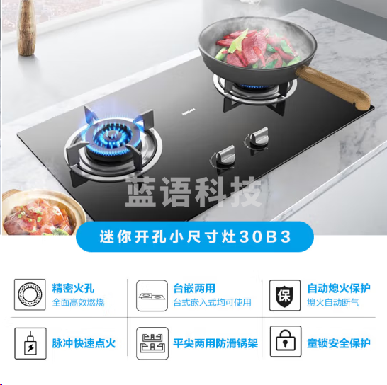 老板30B3燃气灶天然气灶双灶 钢化玻璃灶小尺寸 聚能稳火台嵌两用