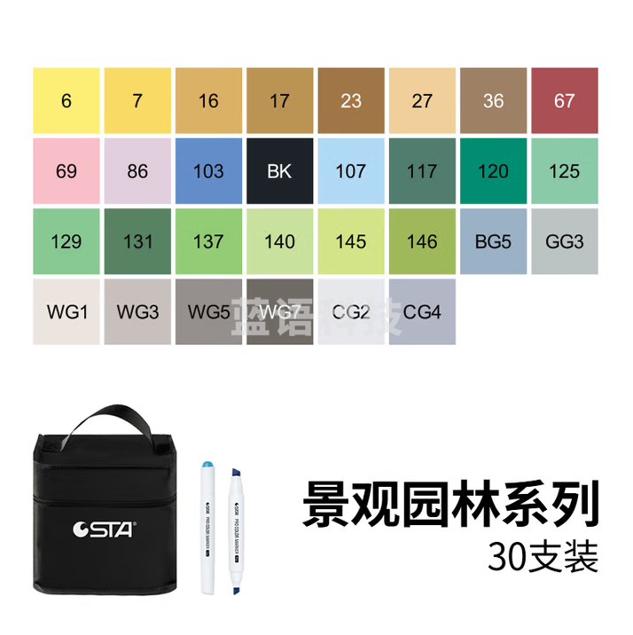 斯塔（STA）9000专业设计酒精油性马克笔双头彩色肤色动漫建筑景观室内服装手绘绘画专用马克笔套装 白杆-景观园林30色-黑色布袋装