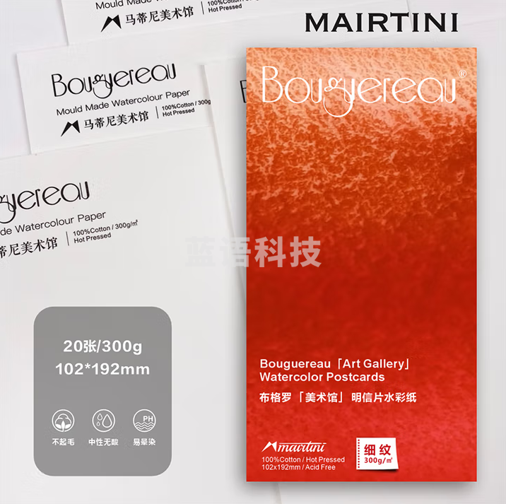 马蒂尼 布格罗水彩纸 棉浆图画本细纹理画纸美术专用20张300g 102×192mm FE-016