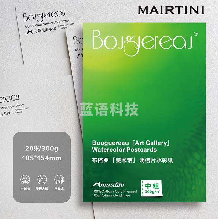 马蒂尼 布格罗水彩纸 棉浆图画本中粗纹理画纸美术专用20张300g 105×154mm FE-005
