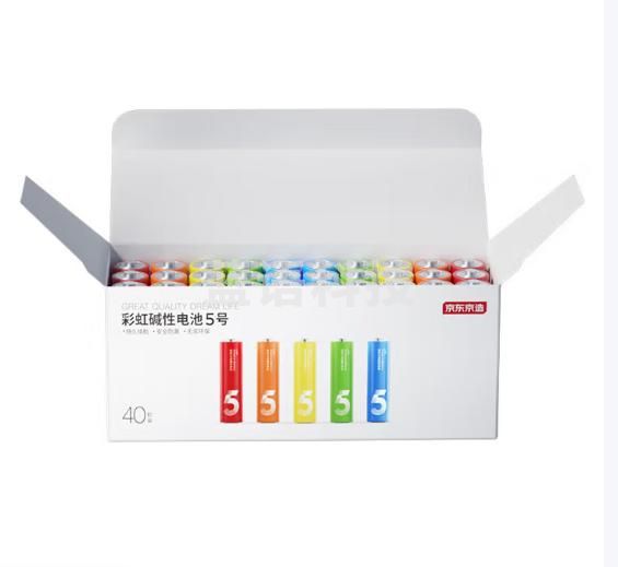 京东京造 碱性彩虹电池 5号80节装 超性能无铅无汞 40粒/盒 2盒【PJ】