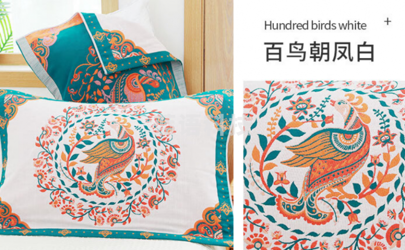 沐凡 纱布枕巾纯棉一对装 加大加厚全棉枕头巾 百鸟朝凤白50*80cm