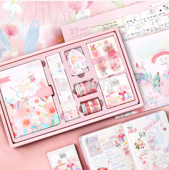 Touch Fish 手账本礼盒套装 网红手帐记事本笔记本日记本学生儿童女孩生日可爱少女心开学礼物 花丛里的粉安妮+礼袋