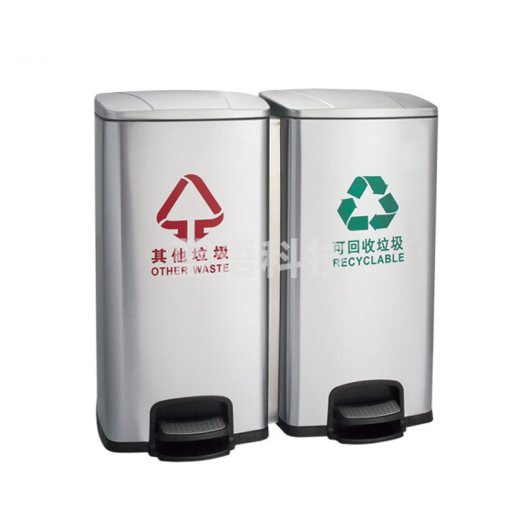 60L不锈钢脚踏垃圾桶 脚踩双桶连体垃圾桶