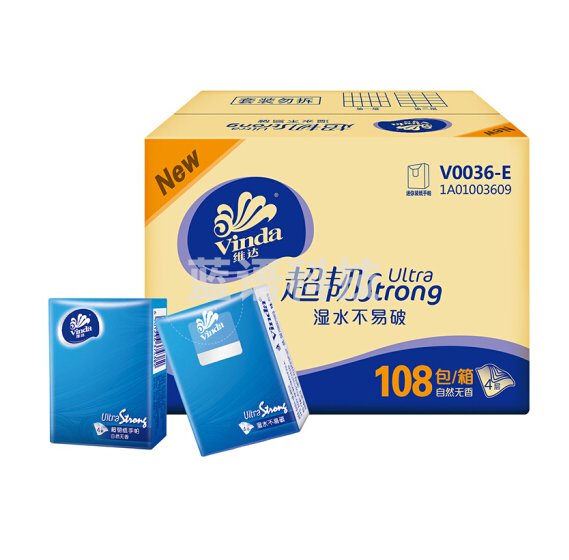 维达(Vinda)  超韧4层手帕纸*36包1袋 108包1箱  整箱销售