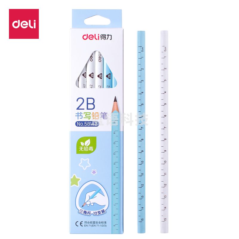 得力58142_三角杆2B书写铅笔12支(浅蓝)