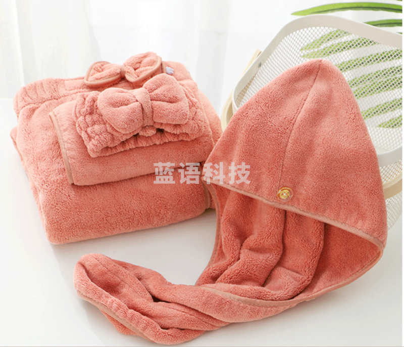 沐凡 洗浴四件套 浴群 毛巾 干发帽 束发带套装 橘粉145*80cm