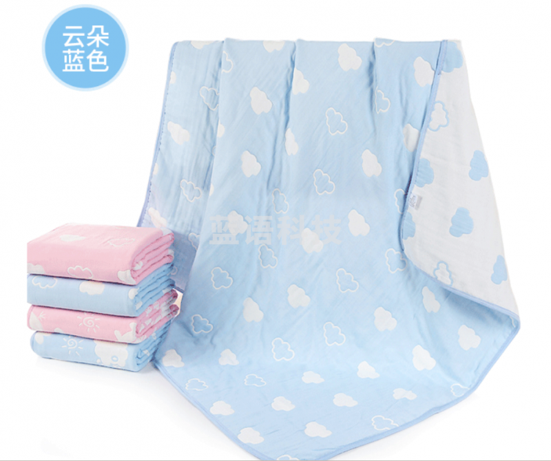 沐凡 纯棉6层纱布浴巾 空调盖毯 云朵蓝色110*110cm