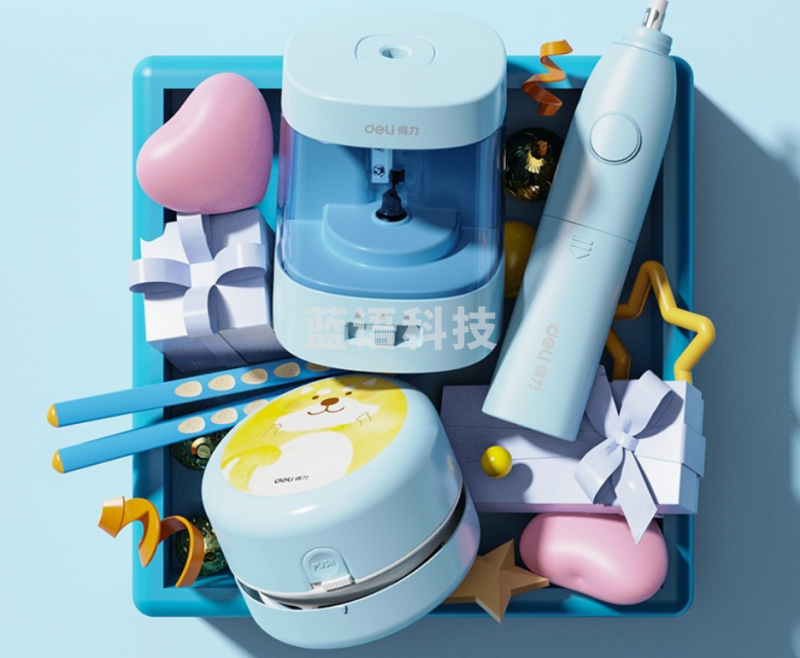 得力33303A电动文具套装5件套 铅笔橡皮擦橡皮削笔刀桌面吸尘器套装 骑士蓝（套）