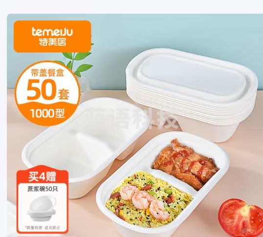 特美居（temeiju）甘蔗纤维一次性饭盒快餐盒可降解打包盒方形两格带盖50套装1000型