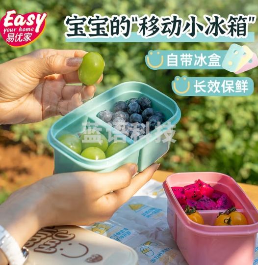 易优家水果保冷盒2分格食品级便当盒露营野餐便携保鲜盒饭盒学生餐盒