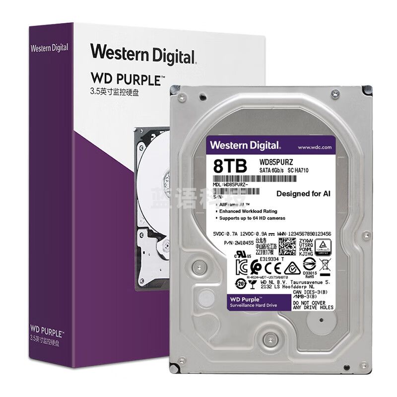 西部数据（WD）监控级机械硬盘 WD Purple 西数紫盘 8TB 256MB SATA CMR垂直 3.5英寸 WD85PURZ