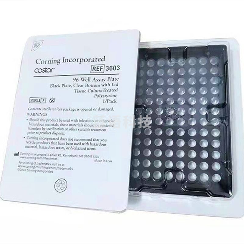Corning康宁 96孔板黑色透明平底带盖 透明平底培养板3603 TC表面单个包装