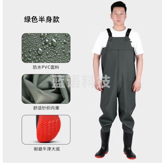 安达通 下水裤 涉水裤全身防水下半身鱼裤连体抓捞鱼皮裤加厚雨裤 背带90丝绿色 42码