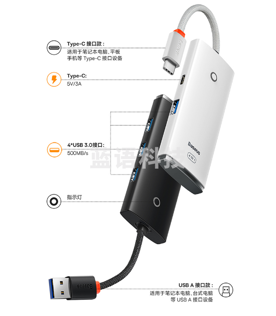 倍思 USB3.0分线器转换器 适用苹果华为笔记本电脑通用转接头 4口USB3.0 HUB 2米白色