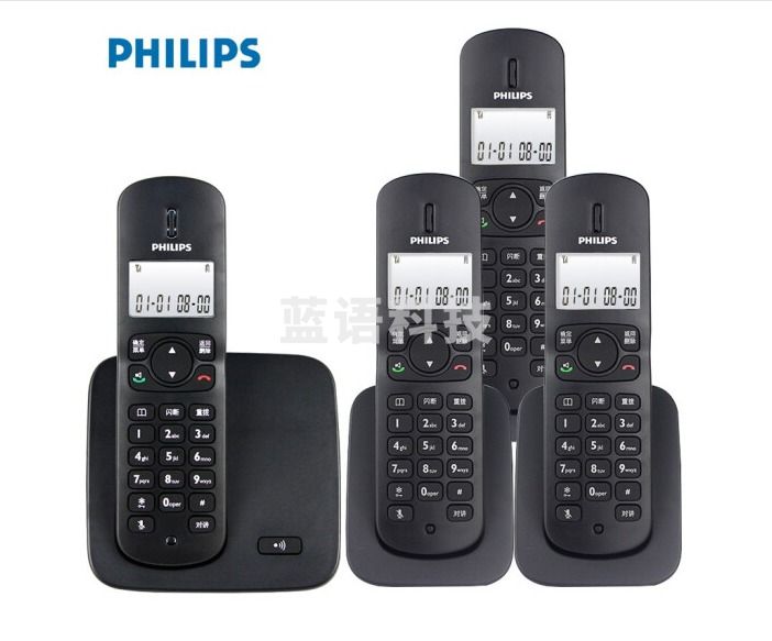 飞利浦数字无绳电话机办公家用无线单机固定座机电话子母机商用 免提通话功能/DCTG186 黑色四机套装（一拖三）