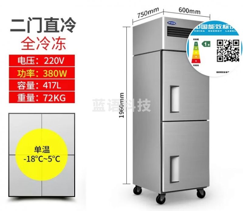 银都餐饮设备 工程款商用单门冰柜立式冷藏冷冻保鲜展示柜冷柜双门不锈钢酒店后厨冰箱商用冰箱 二门直冷单机全冷冻 一级能效