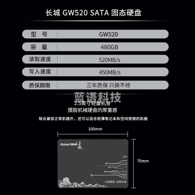 长城（Great Wall） 480GB SSD固态硬盘 SATA3.0接口 读速520MB/S台式机/笔记本通用 GW520系列 GW520 480GB
