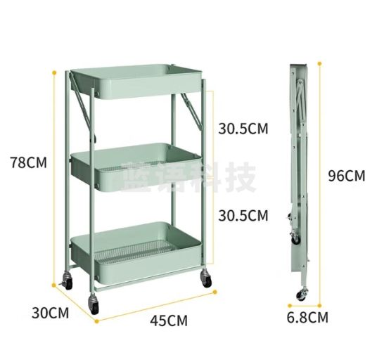 炊大皇 置物 三层 免安装折叠收纳推车多功能层架储物 落地架 浅绿色
