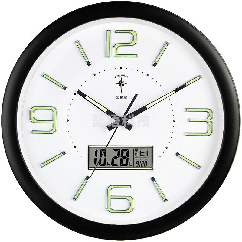 北极星（POLARIS） 6808 挂钟15英寸客厅万年历钟表现代石英钟时尚日历时钟创意挂表 黑色夜光日历款