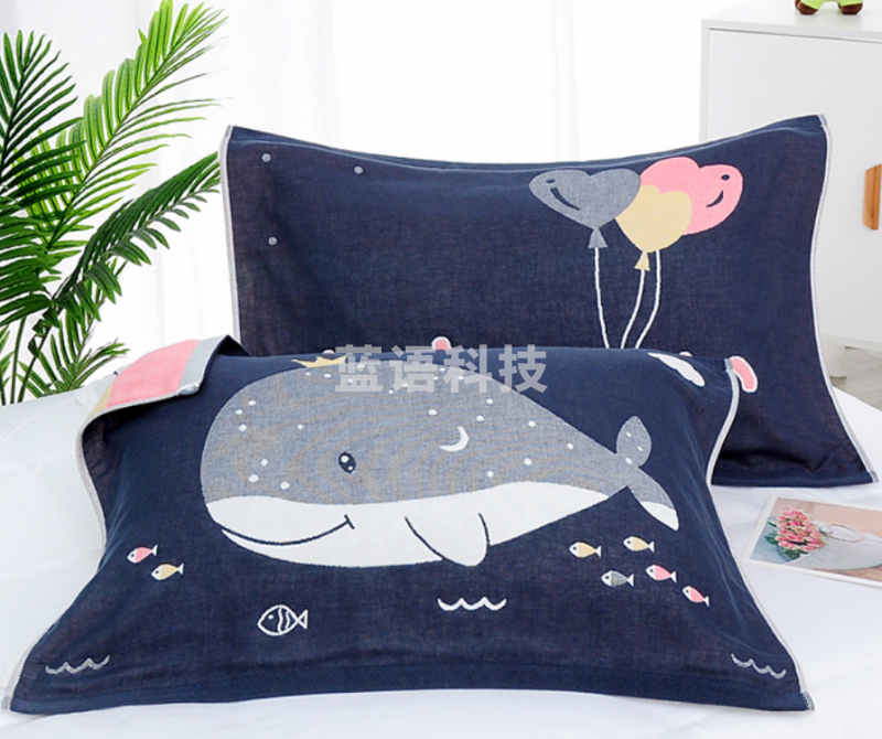 沐凡 枕巾纯棉加大加厚 四层纱布枕巾 小鲸鱼78*53cm（对）