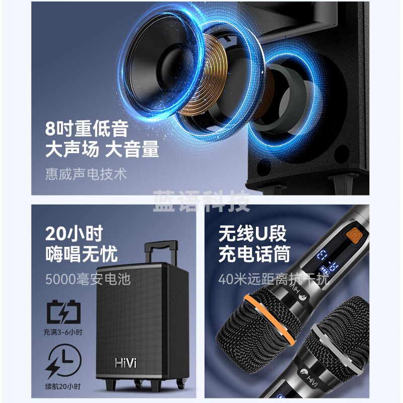 惠威（HiVi）8英寸专业广场舞音响会议ktv音响蓝牙拉杆音箱户外标配双无线麦克风电木吉他民谣乐器音箱MA08