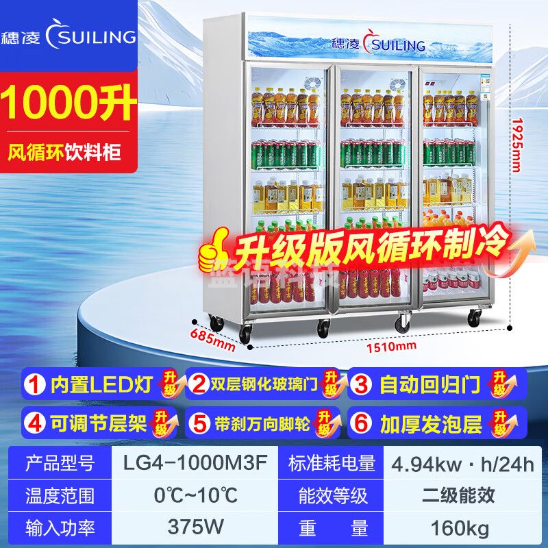 穗凌（SUILING）商用冰柜展示柜冷藏保鲜柜立式风冷循环鲜花水果冷藏柜超市便利店大容量玻璃门啤酒饮料展示柜 三门【风循环内置LED灯】1000升丨长1.5米 LG4-1000M3F