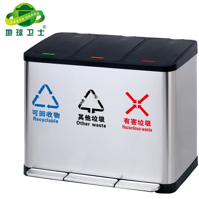 地球卫士 不锈钢脚踏式垃圾桶酒店商用办公室垃圾分类大号带盖缓降垃圾桶 三桶45L(15L+15L+15L)