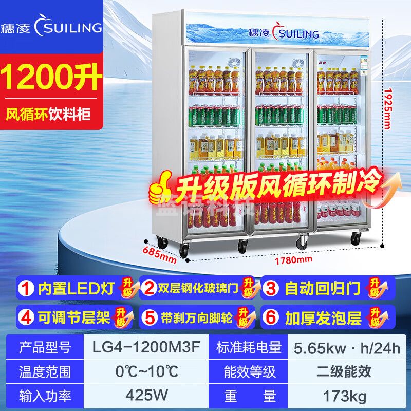 穗凌（SUILING）商用冰柜展示柜冷藏保鲜柜立式风冷循环鲜花水果冷藏柜超市便利店大容量玻璃门啤酒饮料展示柜 三门【风循环内置LED灯】1200升丨长1.7米 LG4-1200M3F