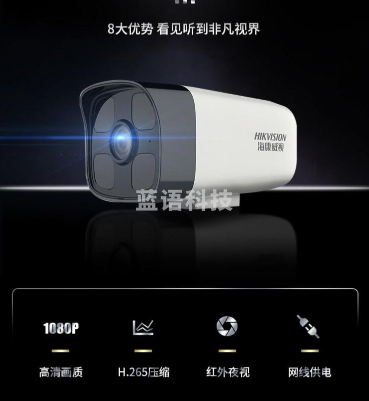 海康威视 DS-IPC-B12HV2-IA 摄像头 200万监控 POE高清带录音红外夜视50米监控器 8mm