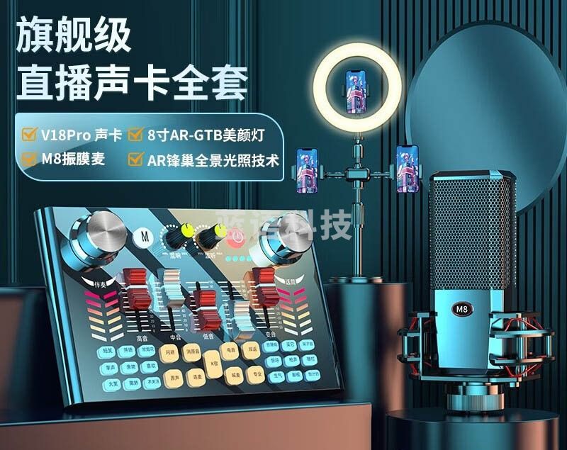 金运 V18P 声卡直播设备套装手机电脑录音直播变声器麦克风补光灯户外外置主播抖音全民K歌全套唱歌话筒 落地网红套装【声卡全套+M8振膜麦】2.1米明肌灯
