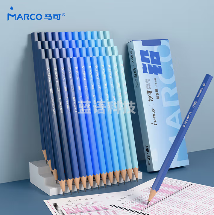 马可（MARCO）妙写小学生铅笔原木0铅毒一年级二年级2b铅笔HB涂卡笔考试幼儿园初学者练字六角 12支蓝色HB