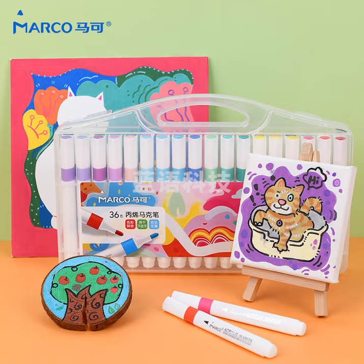 马可（MARCO）36色丙烯马克涂鸦画笔笔防水颜料水彩荧光记号儿童学生小孩亲子绘画礼盒开学礼美术写生