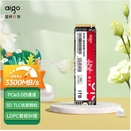 爱国者 (aigo) 1TB SSD固态硬盘 M.2接口(NVMe协议) P3000高性能版 四通道PCIe 读速高达3300MB/s 高速大容量