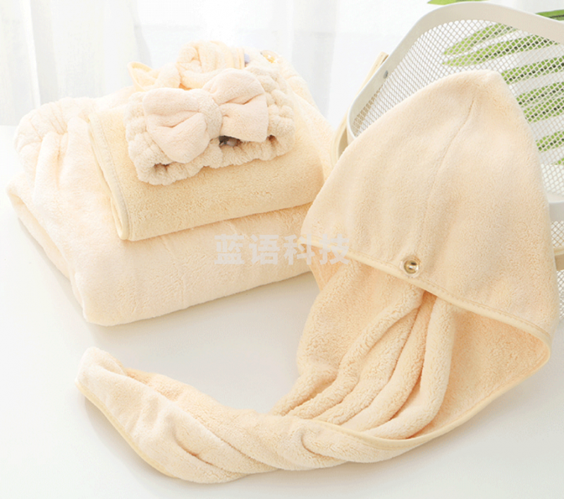 沐凡 洗浴四件套 浴群 毛巾 干发帽 束发带套装 米黄145*80cm