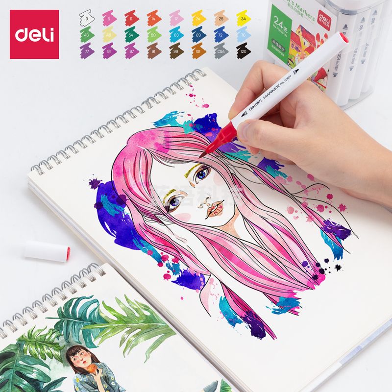 得力70809-24色细三角杆水性软头马克笔(混)(24色/桶)