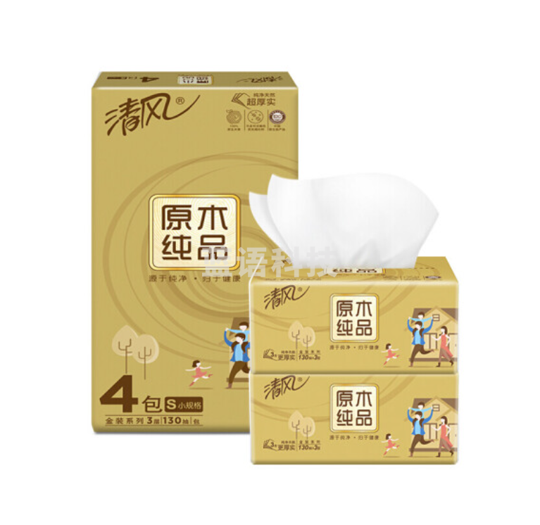 清风抽纸 原木纯品金装系列 3层130抽*6包 6包/提 一提价