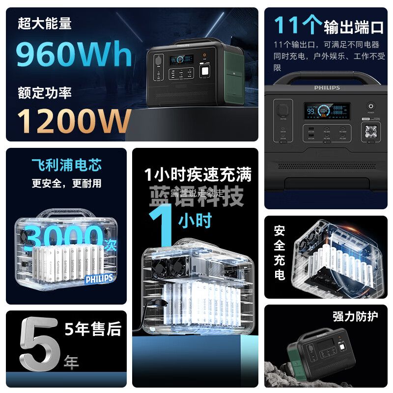 飞利浦户外移动电源1200W大功率1度电30万毫安手机电脑家用电器220V移动便携充电宝摆摊露营自驾应急电源 DLP8099C/93