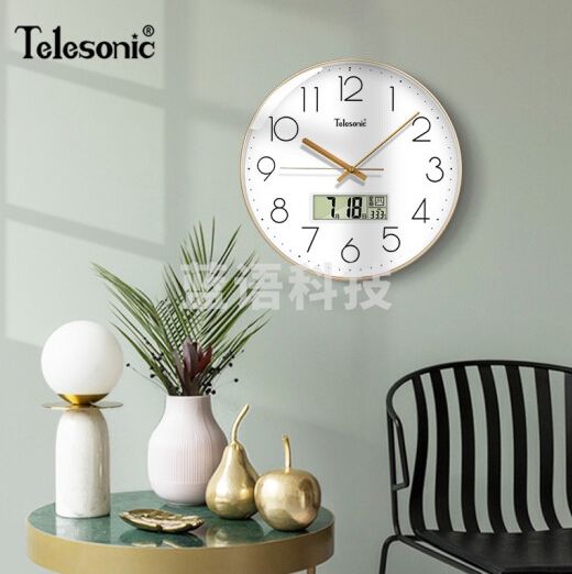 天王星(Telesonic)挂钟 客厅静音万年历钟表3D立体创意双日历温度时钟简约石英钟薄边挂表 奢时金35CM日历款