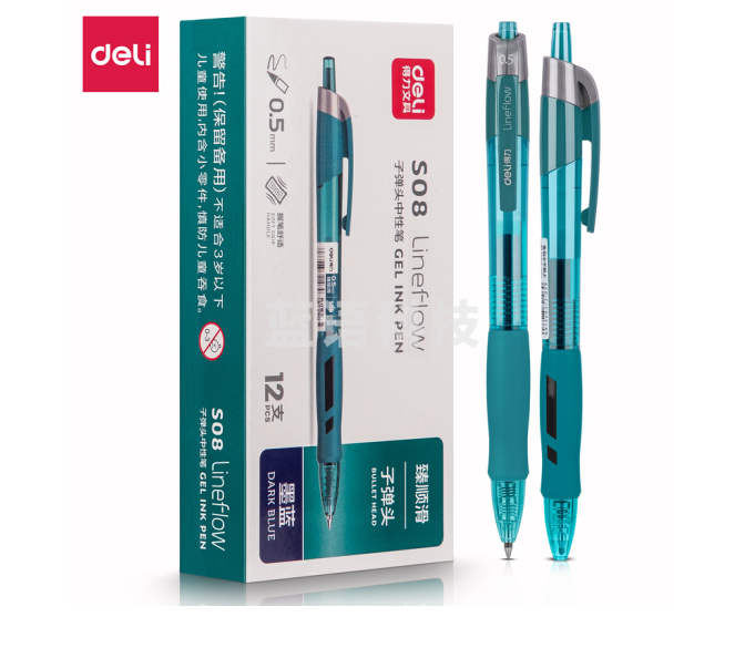 得力(deli)臻顺滑按动中性笔签字笔 办公用品 0.5mm子弹头 12支/盒S08墨蓝