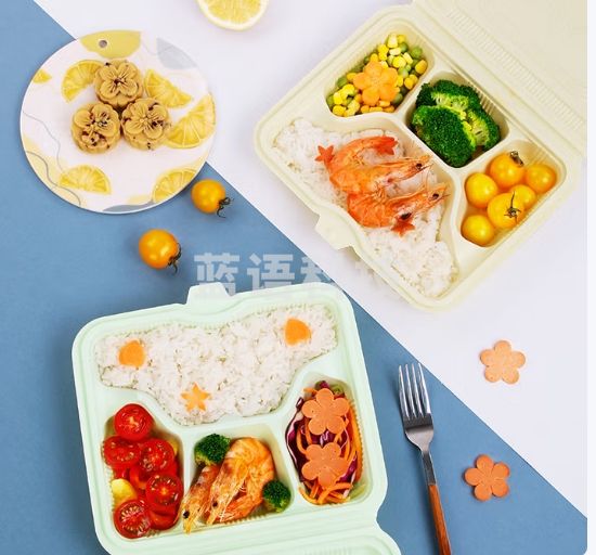 优奥一次性四格饭盒1000ml*50套打包盒外卖分格 绿白连体盖商用