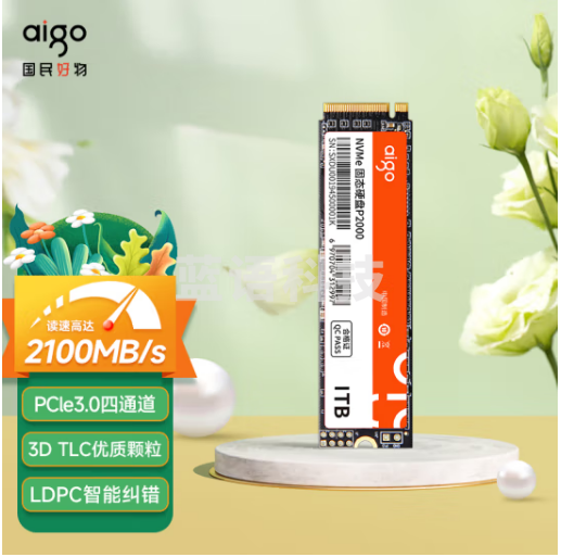 爱国者 (aigo) 1TB SSD固态硬盘 M.2接口(NVMe协议) PCIe四通道 P2000 读速高达2100MB/s