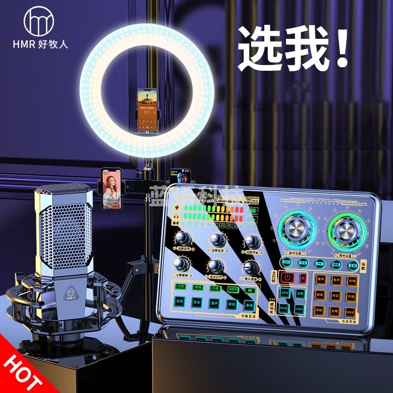 好牧人 尊享版声卡大振膜 S声卡套装手机直播设备全套装抖音主播唱歌k歌神器全民带货专用话筒架补光灯专业配录音电容麦克风电脑