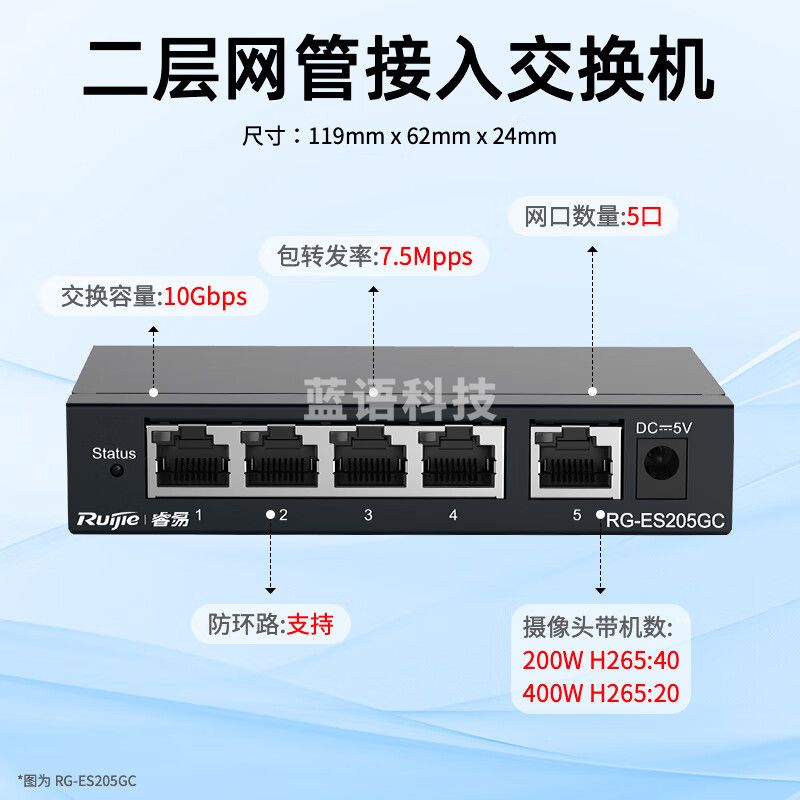 锐捷（Ruijie）5口全千兆网管交换机智能网管型 RG-ES205GC 安防监控 企业级办公监控工程交换器
