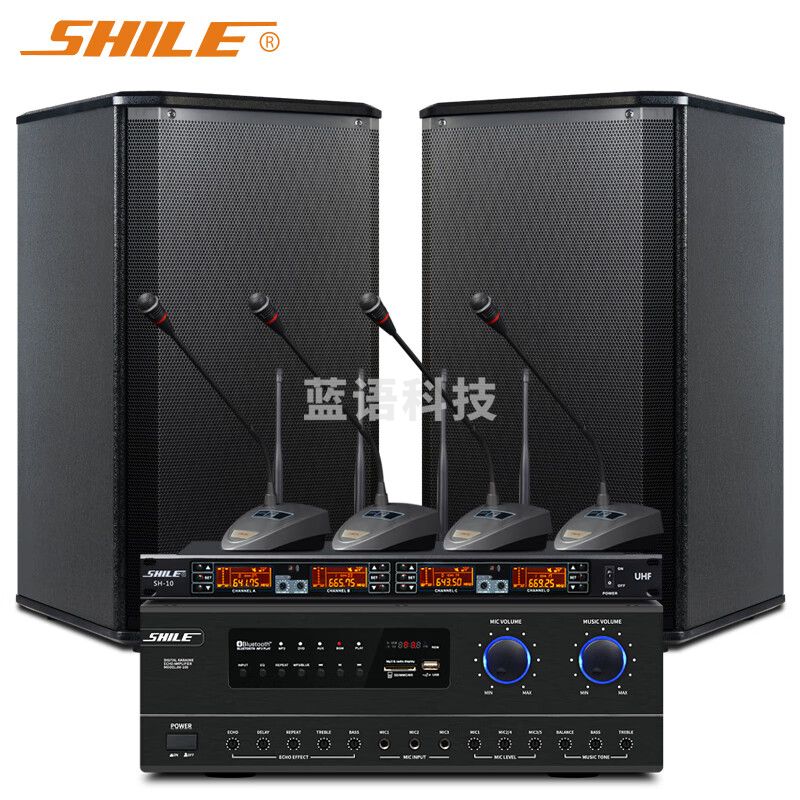 狮乐（SHILE）中小型专业会议室音箱组合 培训会议专用设备系统功放壁挂音响套装 AV108+108黑*2+SH10配4会议