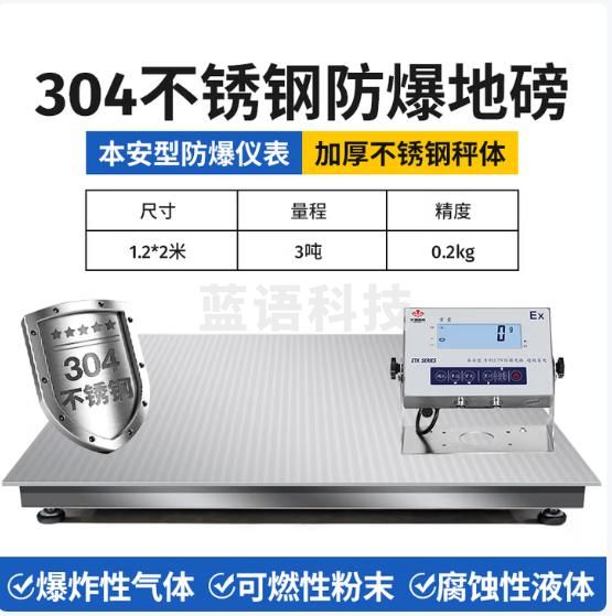 花潮（HC）高精度工业防爆电子秤304不锈钢称重平台1-3吨本安型称重秤 1.2*2米量程0-3吨+防爆表头