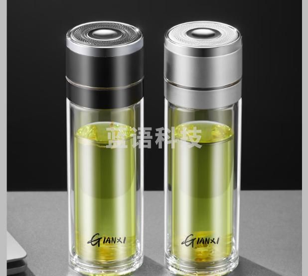 天喜（TIANXI）天喜一键开盖双层玻璃杯大容量男士水杯茶杯茶水分离杯 黑色500ml
