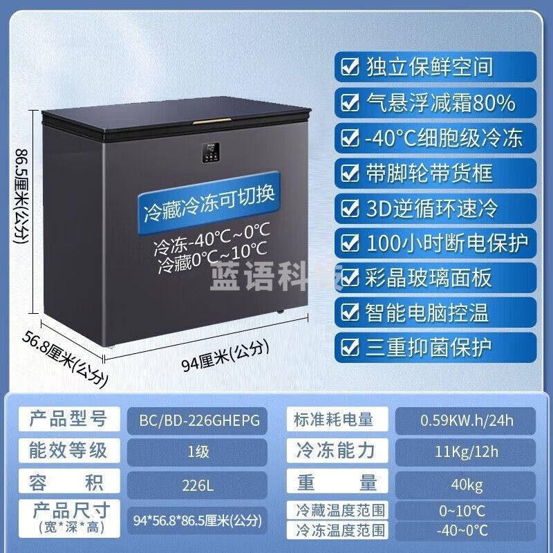 海尔（haier）【顶配无需除霜】海尔(Haier)冰柜家用单温冷藏冷冻小型超低温零下速冻柜一级能效卧式冰箱 226升丨-40℃细胞级冷冻丨电子温控丨植萃净味