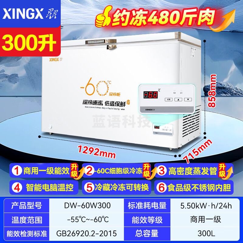 星星·（XINGX）超低温商用冰柜负40-60度卧式冷柜单温全冷冻柜家用大容量冰箱 深冷速冻柜铜管 DW-60W300【-60℃  带锁】